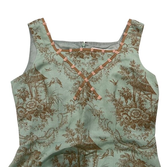 Vintage Jessica Howard Linen Blend Floral Bird‎ Print Midi Dress Aqua Size 6 - Picture 3 of 8